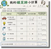 學生以「我的碳足跡小計算」記錄用電、飲食與交通等生活行為。
