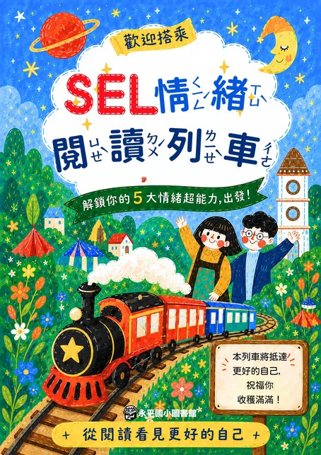 SEL「情緒閱讀列車」主題書展海報，以五大情緒超能力引導學生閱讀。